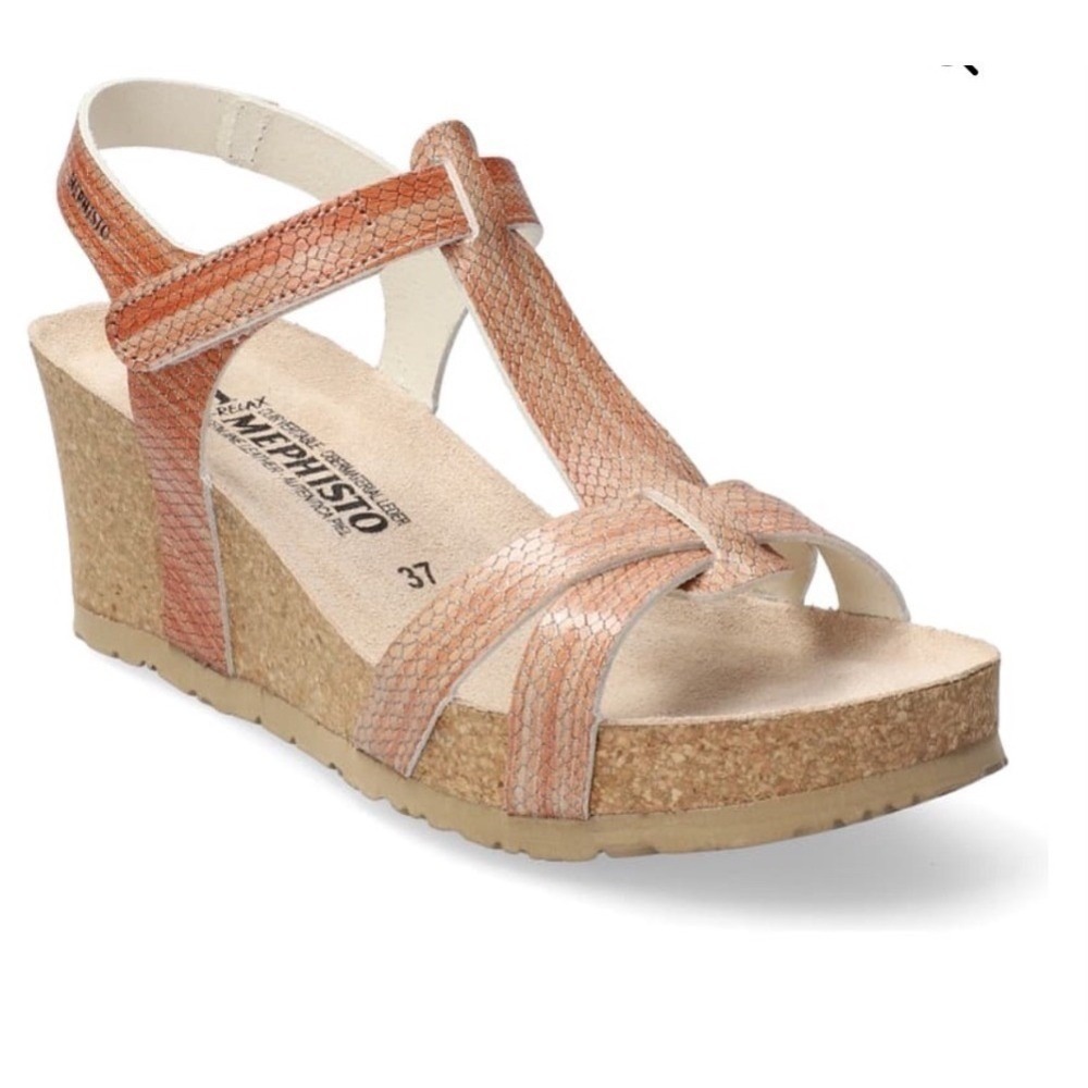 Mephisto Air-Relax Womens 39 Rose Gold Metallic Snakeskin Cork Wedge Sandals